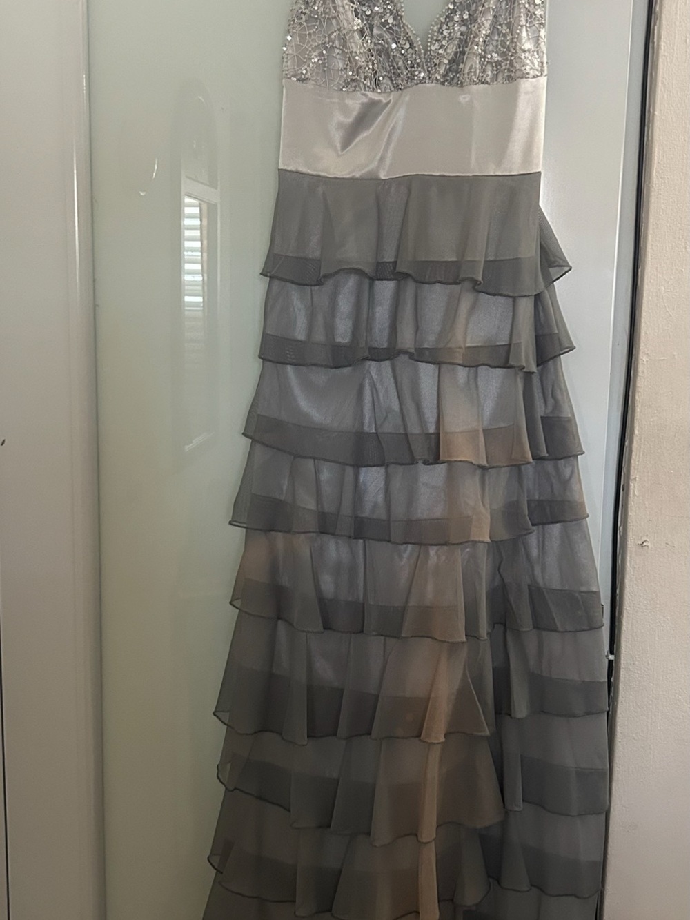 Beaded V-Neck Gray Tiered Ruffle Prom Dress
